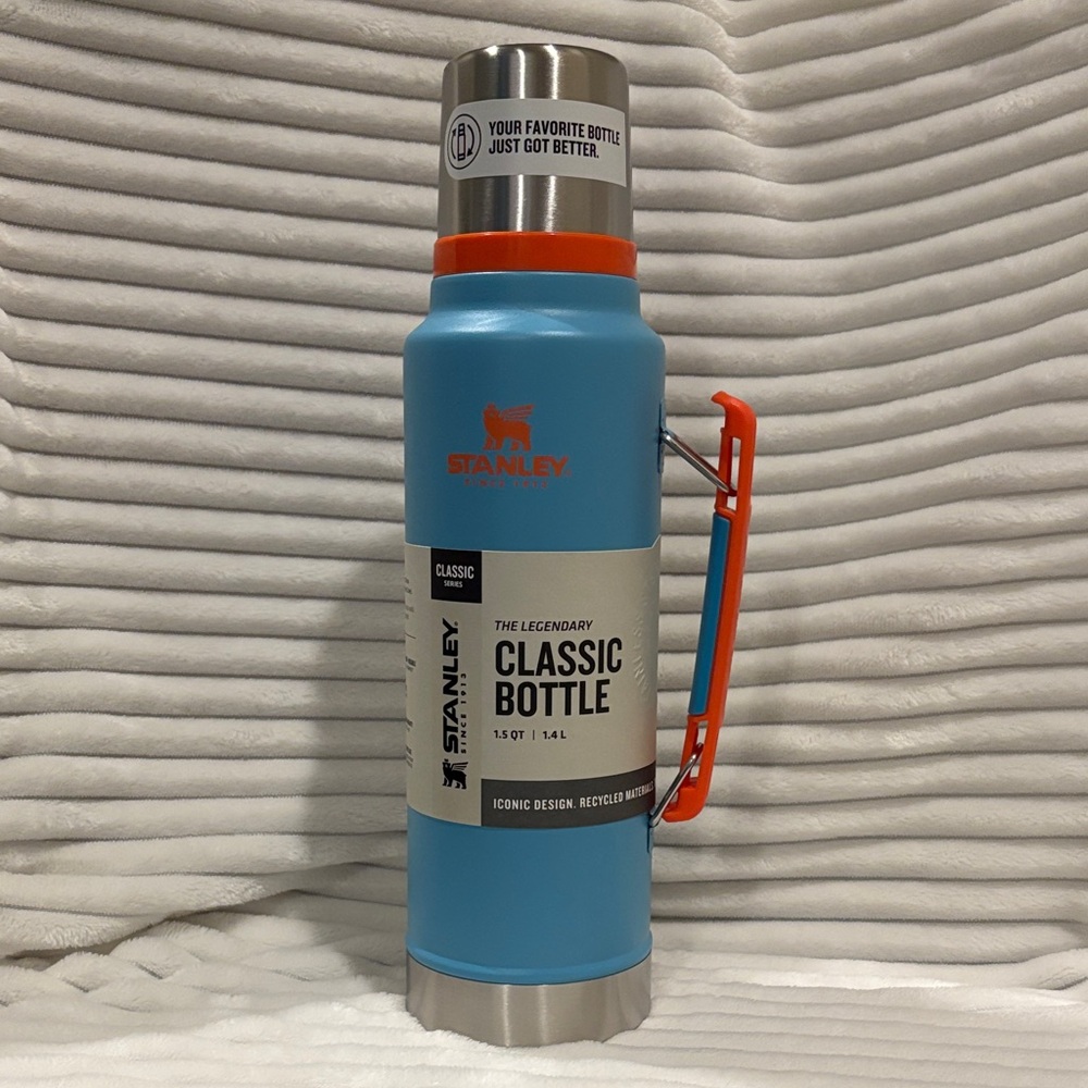 New Stanley Pool Blue Thermos with Orange Accent